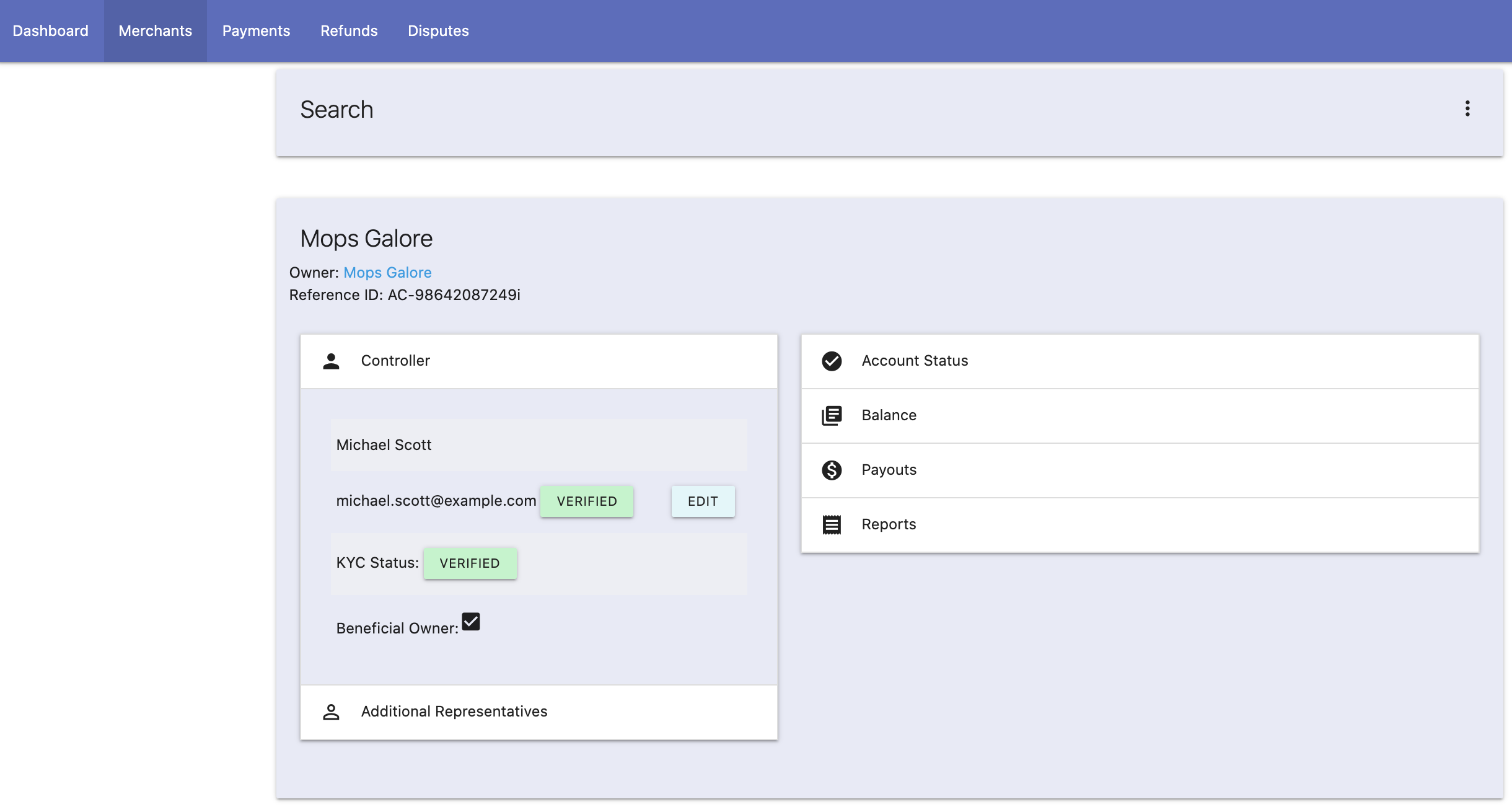 An example custom display of merchant details from the results of a search.