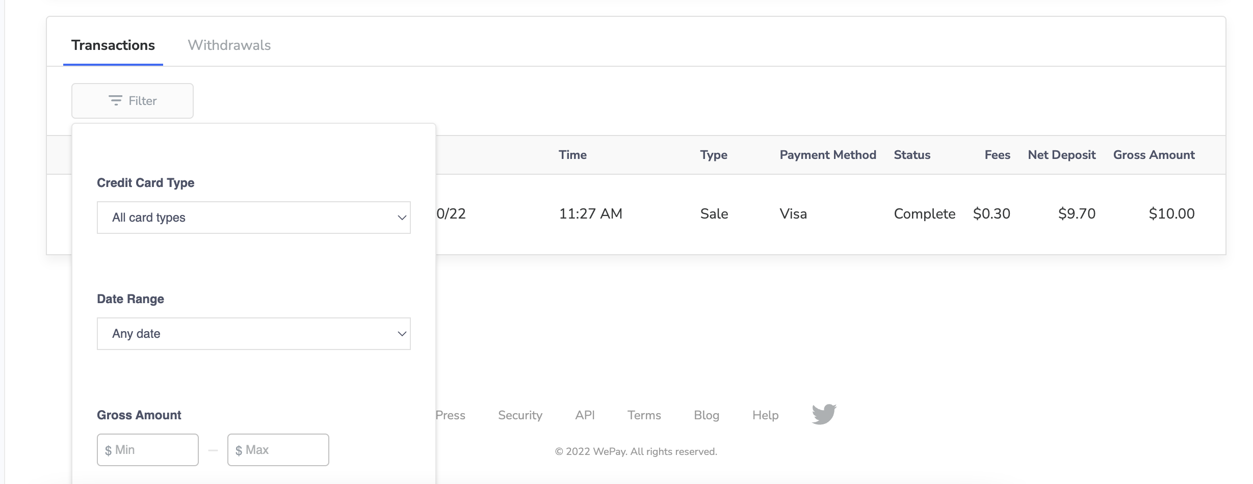 How to filter transactions in Wepay's Partner Center.