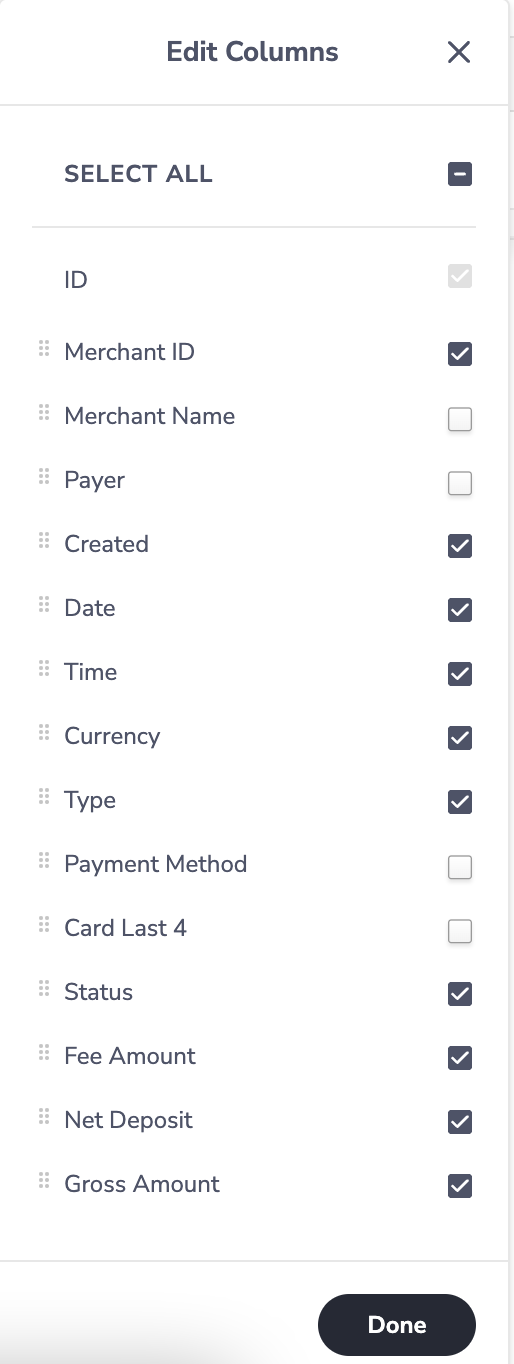 How to edit columns on a transaction report in WePay's Partner Center.