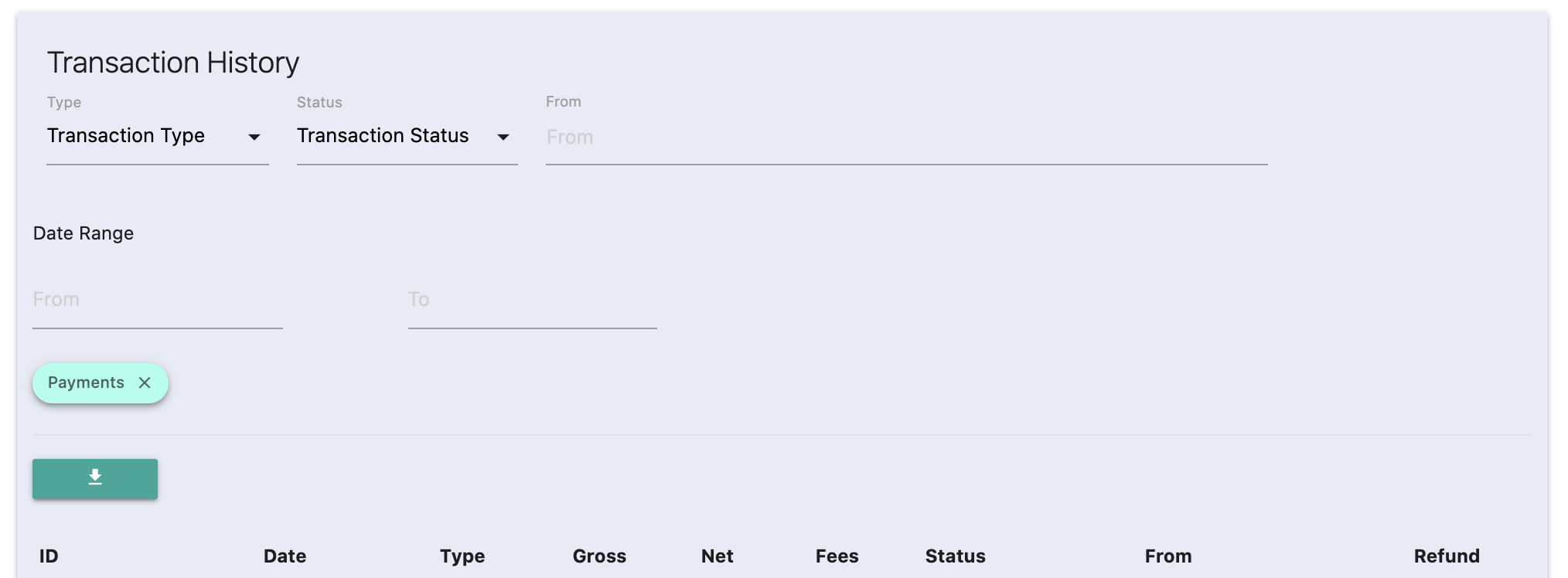 An example of a custom dashboard for your employees to download transaction history reports.