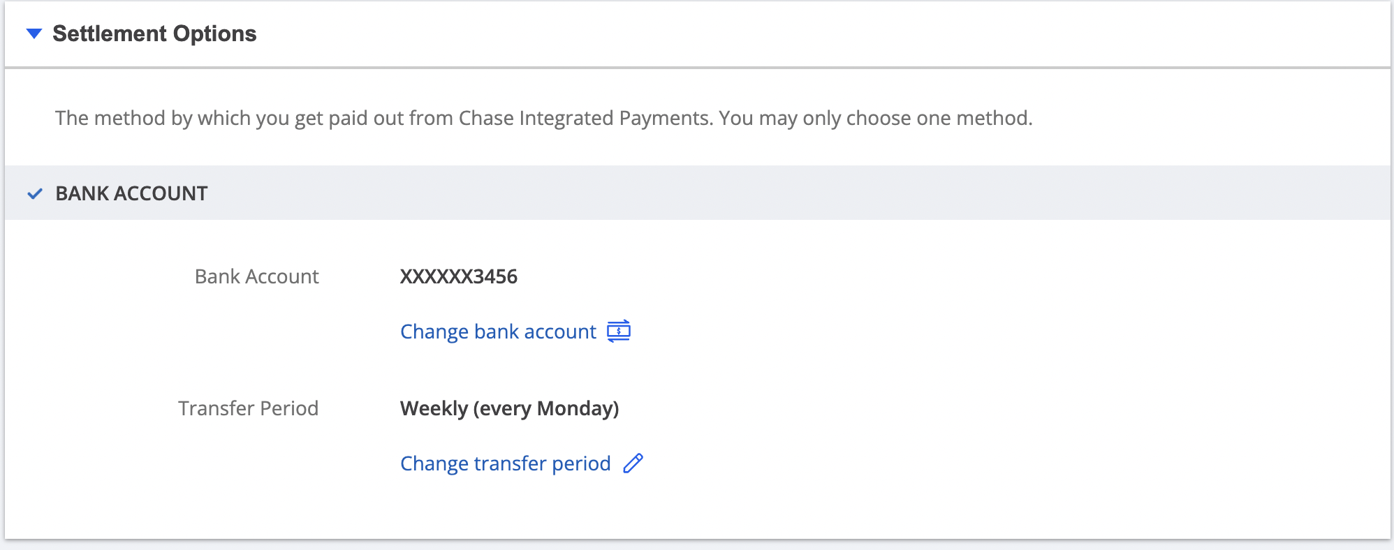 A demonstration of WePay's Merchant Center settlement options section of the settings page.