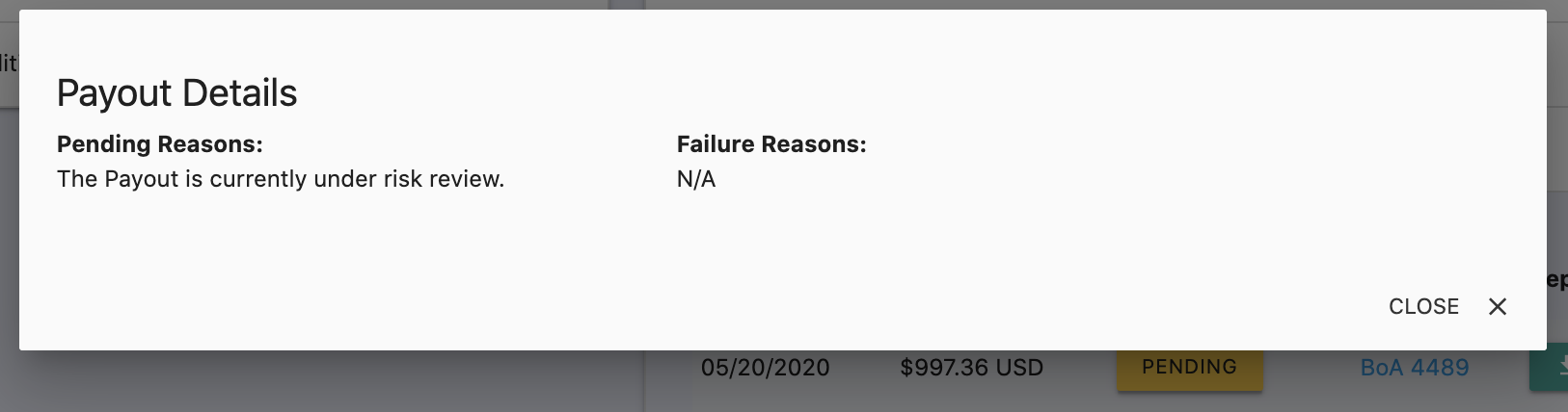 An example of a custom interface for your employees to view a merchant's payout details