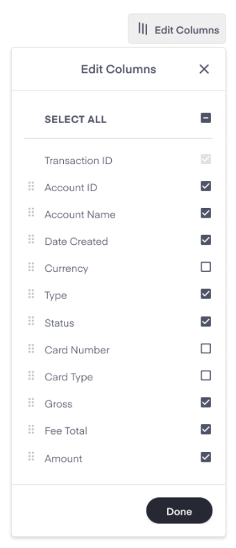 How to edit the columns shown in the transactions page of the reporting tab