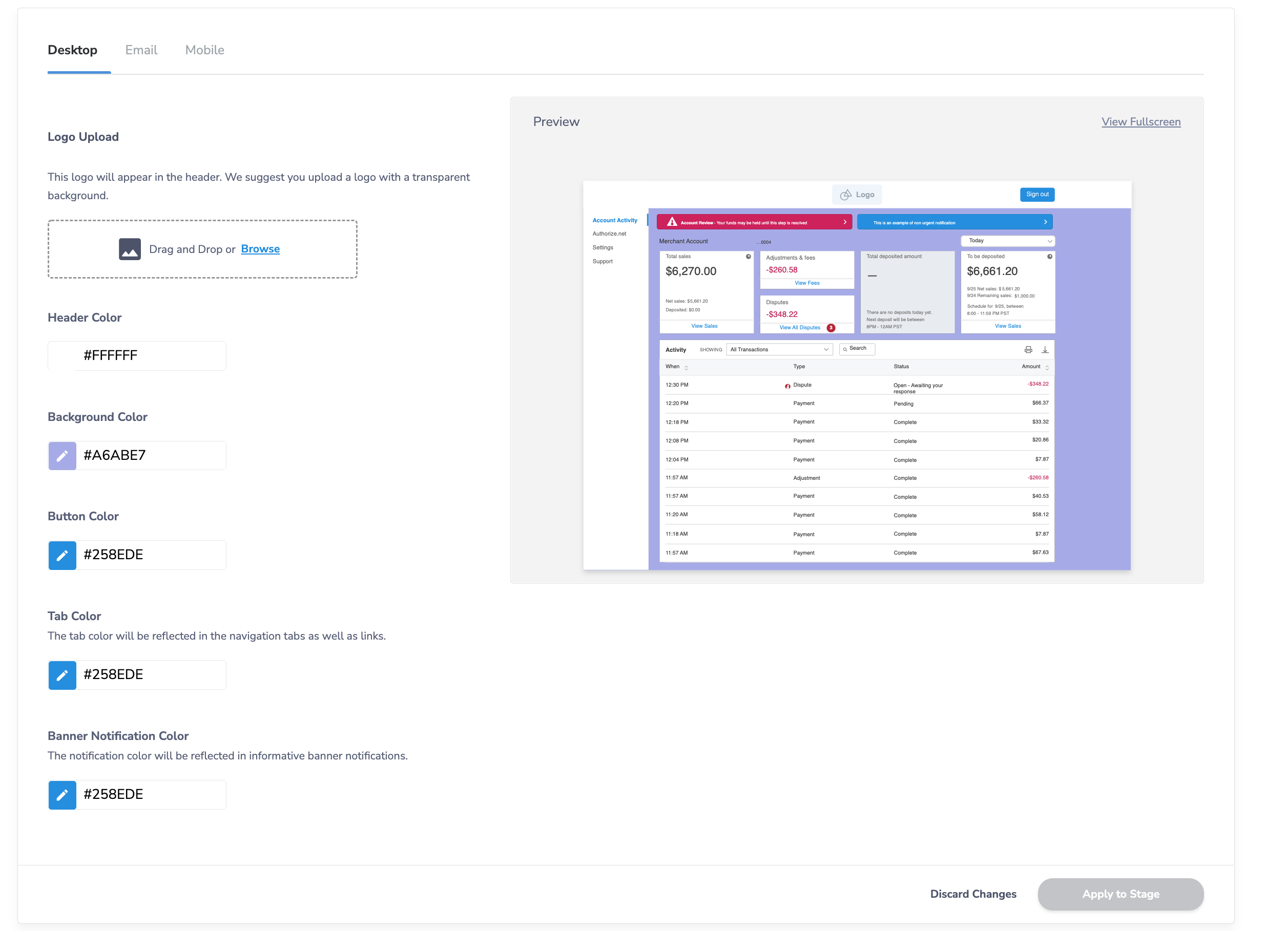 An example of setting branding colors and logo, and previewing Desktop in Partner Center