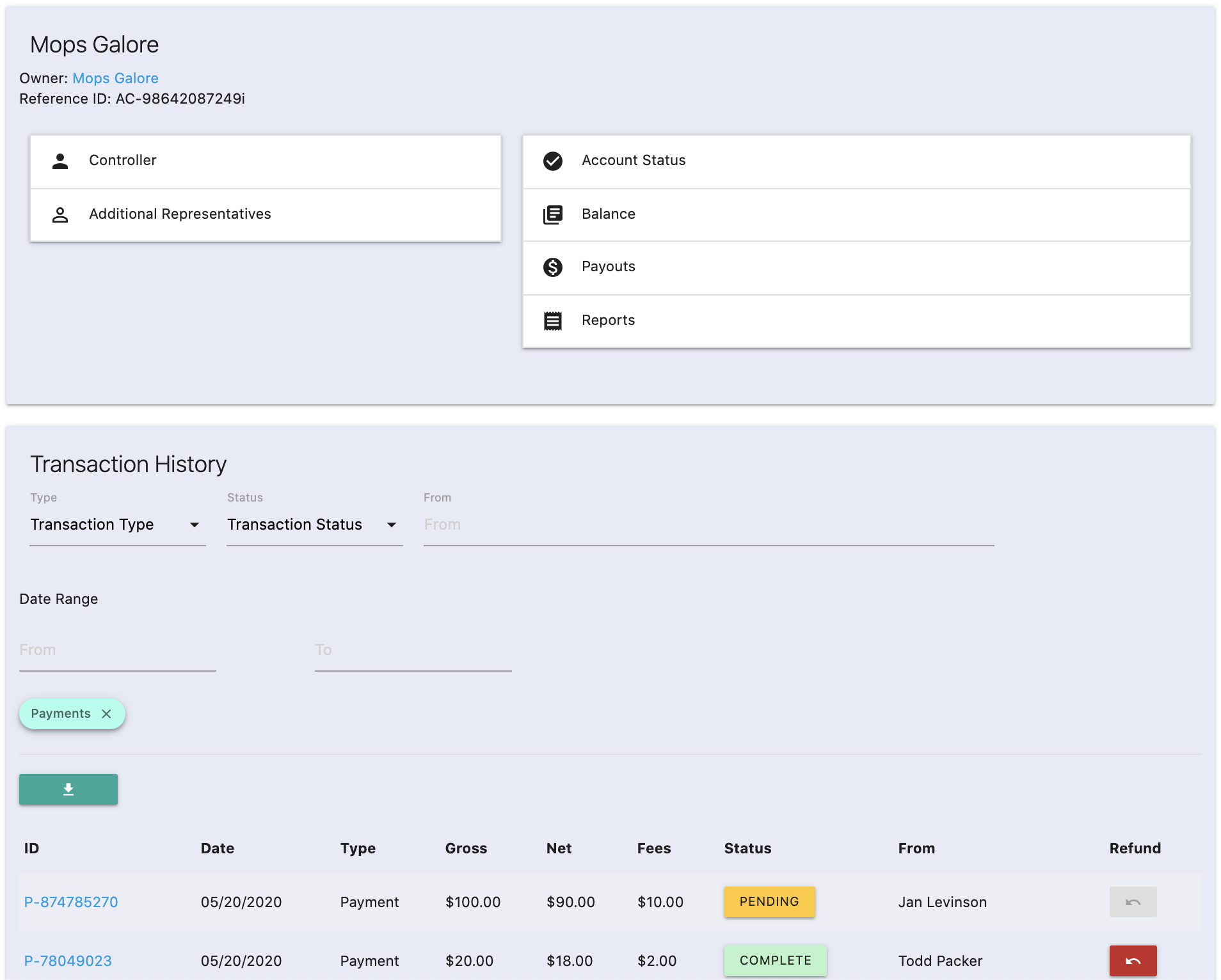 An example of a custom display of a mercant's transaction history that your employees can view